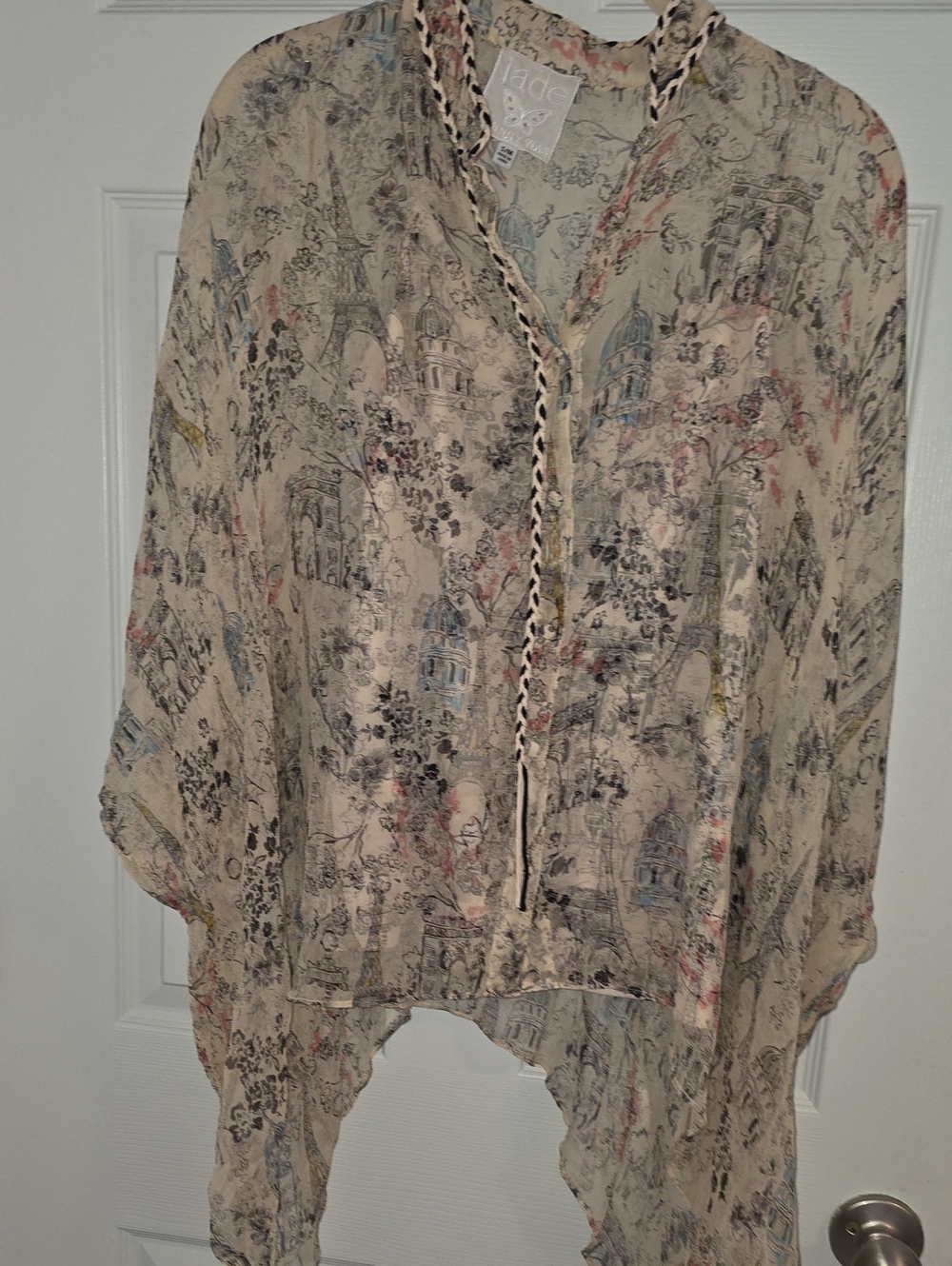JOHNNY WAS Cream Printed Tunic Top with Braided Tie